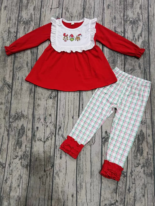 Baby Girl Red Long Sleeves Christmas Green Face Tops Plaid Pants Set Moq 5