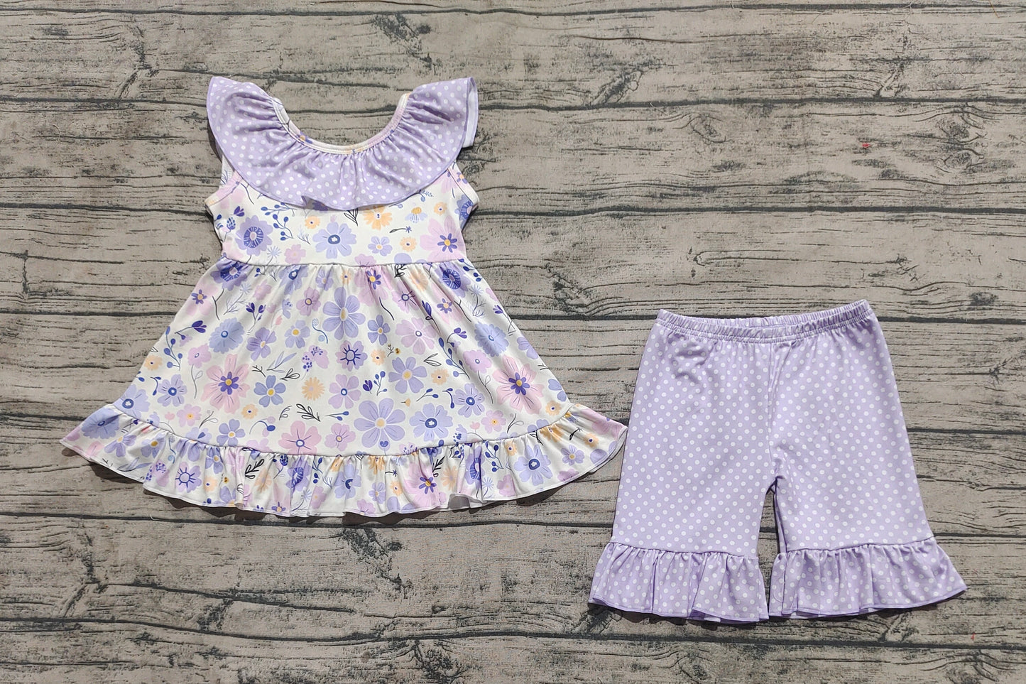 Baby Girl Sleeveless Flower Tunic Ruffle Purple Shorts Clothes Set RTS