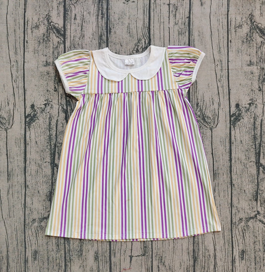( No moq ) Preorder Baby Girl Short Sleeves Mardi Gras Stripes Knee Length Dress