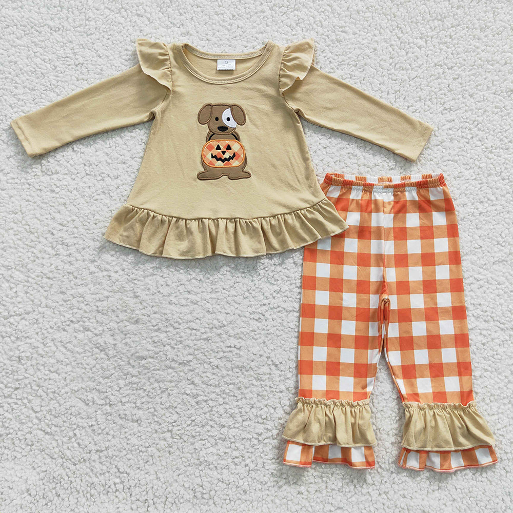 BLP0170 Baby Boy Long Sleeves Embroidery Pumpkin Dog Shirt Plaid Pants Halloween Outfit