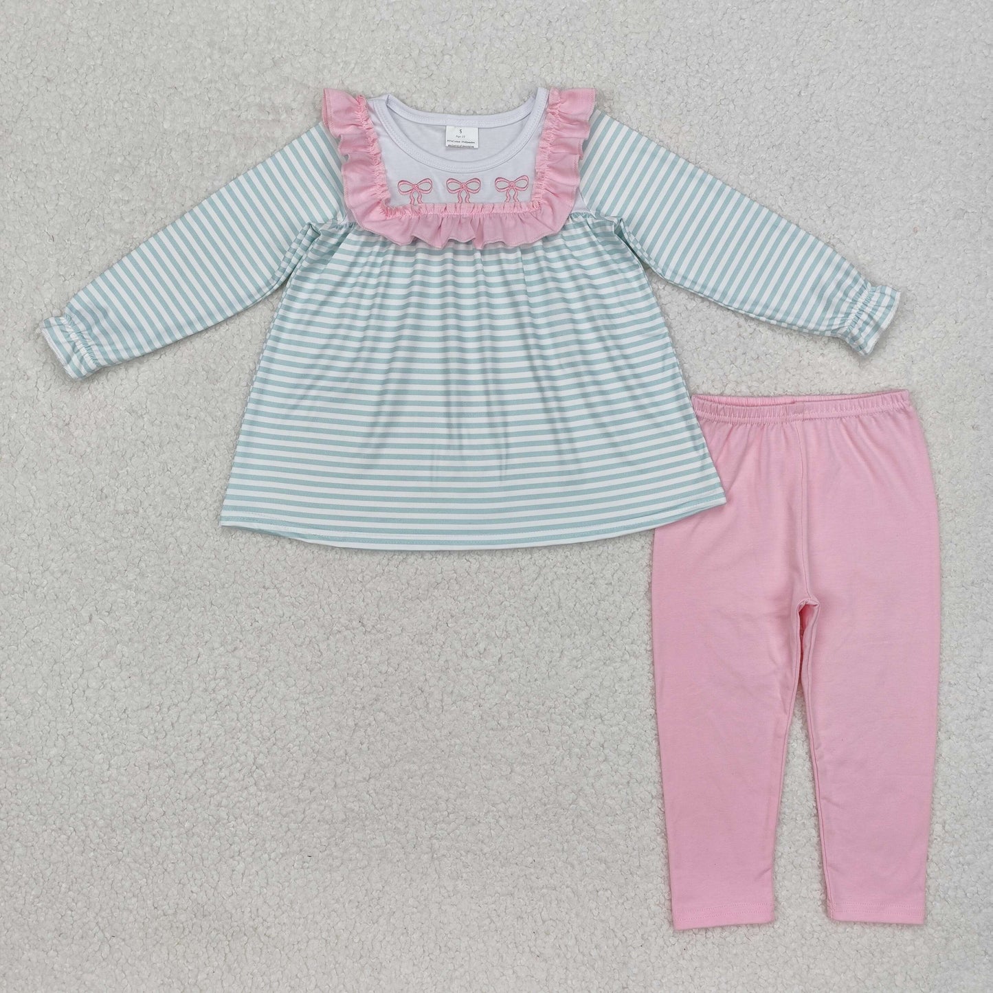 Baby Girl Long Sleeves Green Stripes Embroidery Bows Tunic Legging Clothes Set