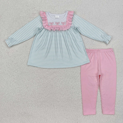 Sibling Girls Kids Long Sleeves Stripes Embroidery Bows Tunic Legging Clothes Set RTS