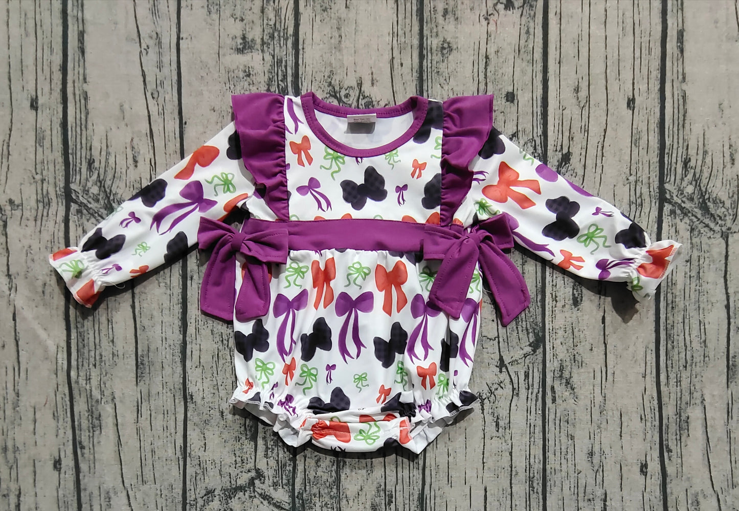 Baby Girl Long Sleeves Bows Purple Ruffle Halloween Bubble Romper RTS
