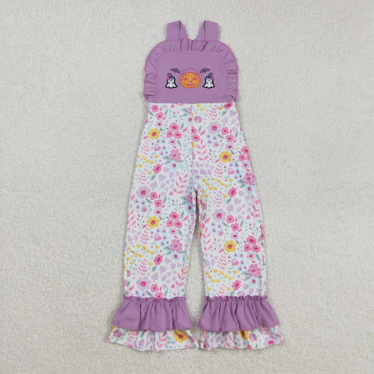 Baby Girl Sleeveless Halloween Embroidery Ghost Pumpkin Flower Purple Fall Jumpsuit