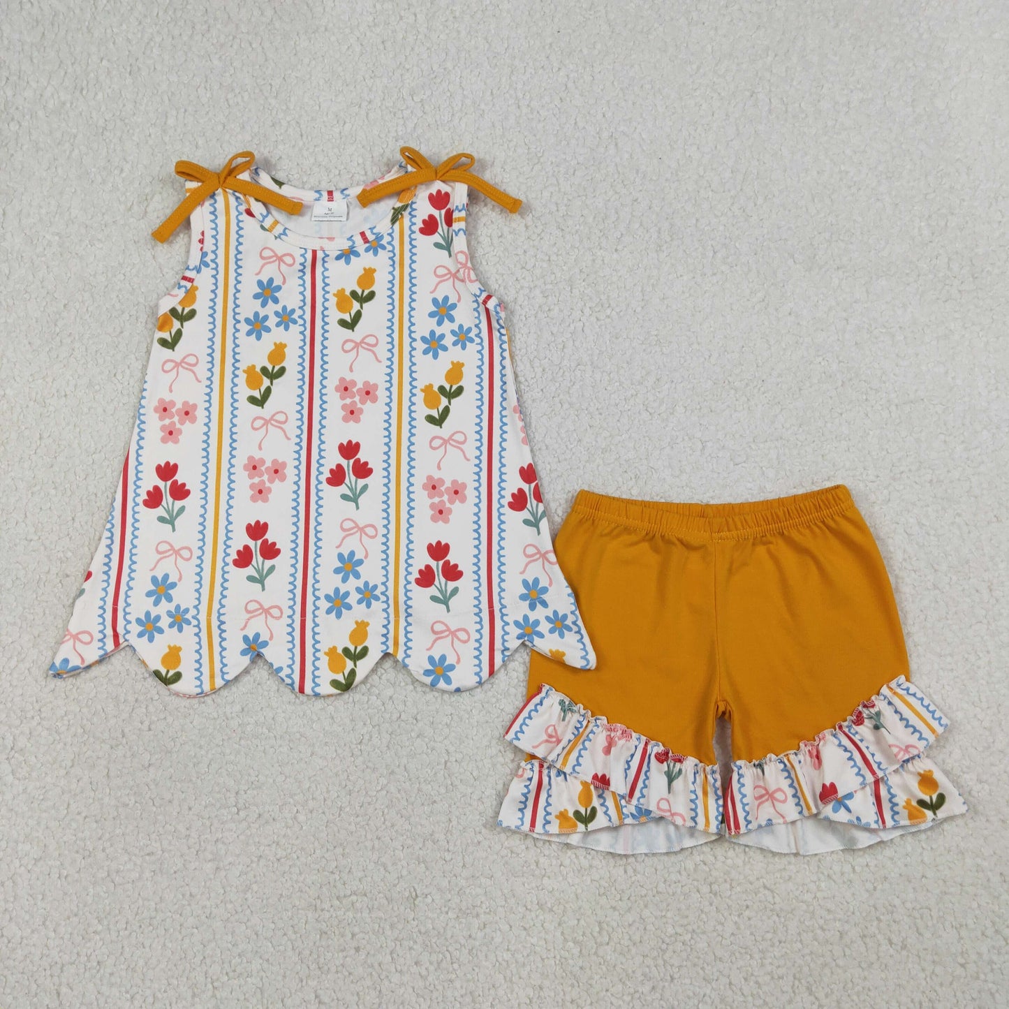 Baby Girls Kids Orange Bows Flower Scallop Tops Ruffle Shorts Summer Set RTS