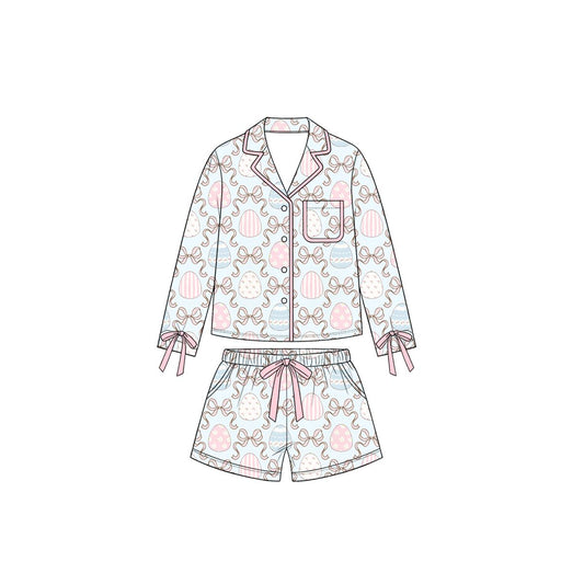 ( Moq 5 ) Preorder Baby Girls Kids Eggs Bows Buttons Shirt Pockets Shorts Set Easter Pajamas Clothes