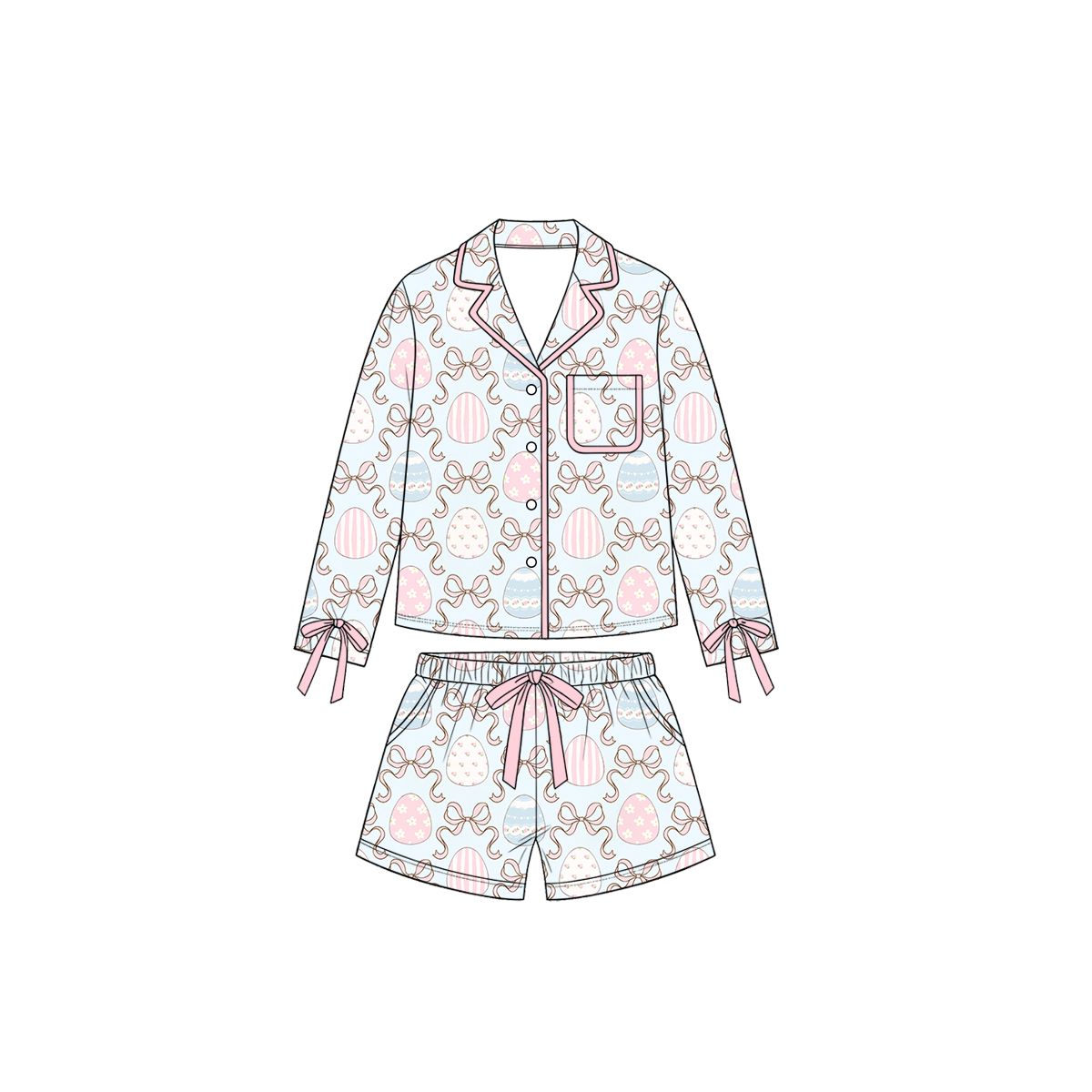 ( Moq 5 ) Preorder Baby Girls Kids Eggs Bows Buttons Shirt Pockets Shorts Set Easter Pajamas Clothes