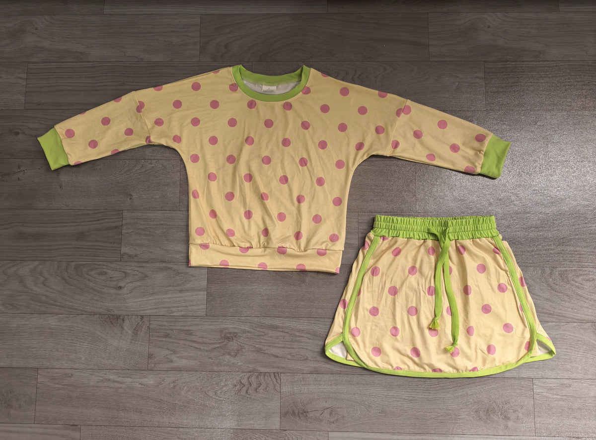 ( No moq ) Preorder Baby Girls Kids Long Sleeves Dots Shirt Skirt Shorts Yellow Set Clothes