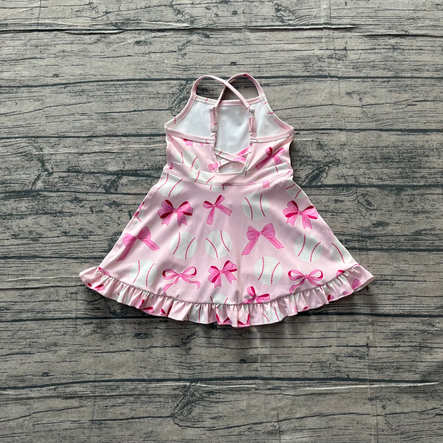 ( No moq ) Preorder Baby Girl Straps Pink Bows Baseball Activity Wear Yoga Knee Length Dress