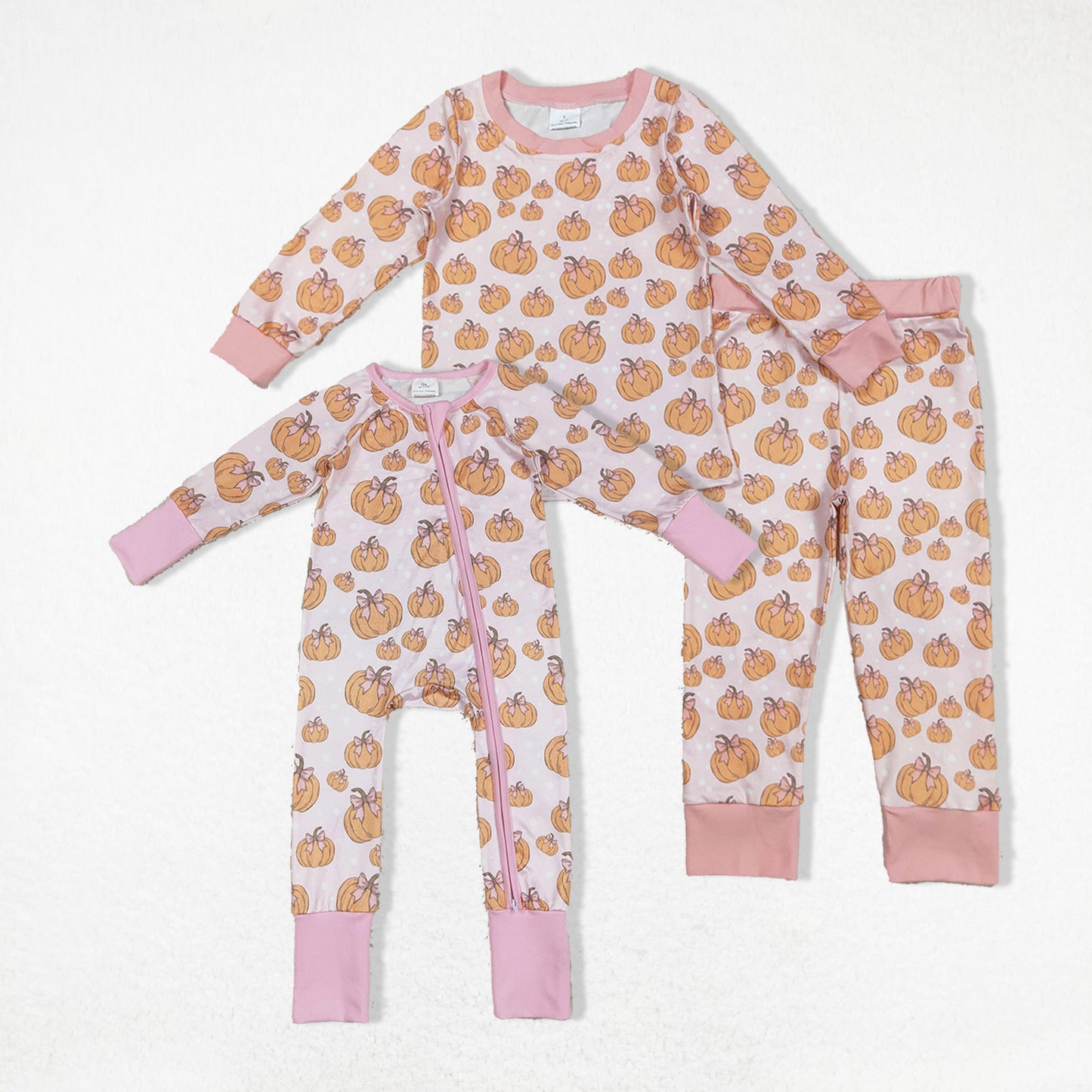 Baby Girl Long Sleeves Pumpkins Bows Sibling Fall Pajamas Zipper Footies Romper Set Clothes RTS