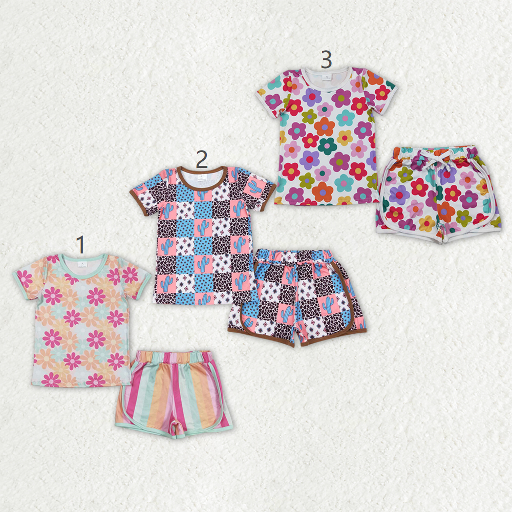 Sibling Baby Girls Kids Short Sleeves Flower Cactus Shirts Shorts Sets Summer Clothes RTS