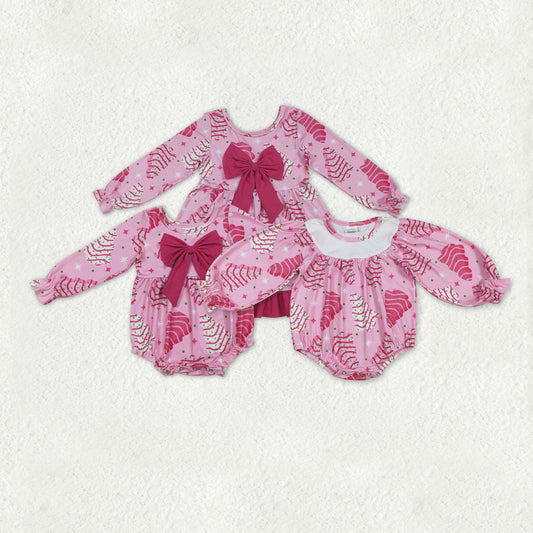 Sibling Baby Girl Kids Long Sleeves Cakes Tree Christmas Pink Bow Romper Dress RTS