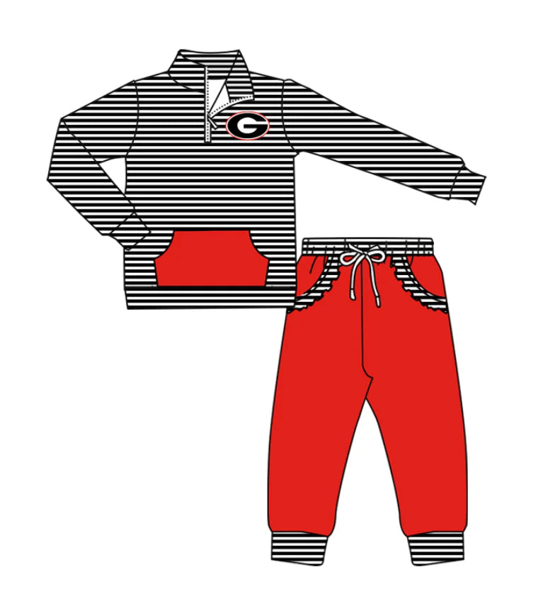 ( Moq 5 ) Baby Girls Toddler Stripes Long Sleeves Zipper Pullover Pockets Red Pants G Team Clothes Outfit