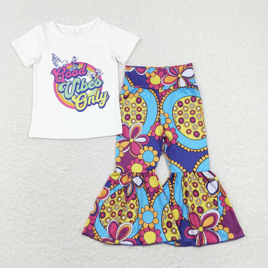 GSPO1240 Baby Girl Short Sleeves Shirt Peace Floral Bell Pants Set
