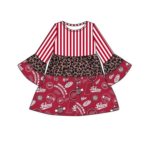 Baby Girl Long Sleeves Team Leopard Red Stripes Knee Length Dress Moq 5