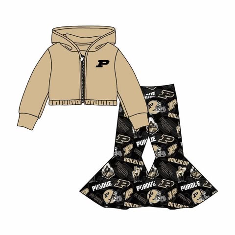 Baby Girl Long Sleeves Team Hooded Zipper Shirt Bell Pants Clothes Set Moq 5
