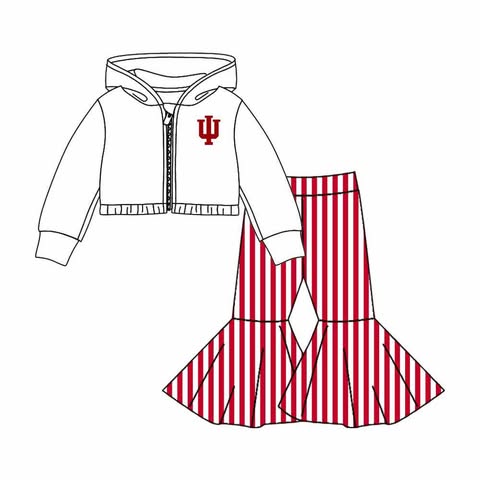 Baby Girl Long Sleeves Team Zipper Hoodie Shirt Stripes Bell Pants Set Moq 5