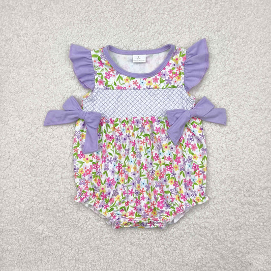 Baby Girl Infant Embroidery Checked Flower Purple Bows Bubble Romper RTS
