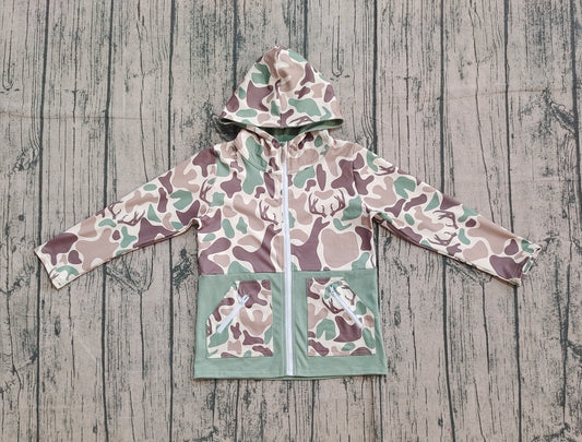 ( No moq ) Preorder Baby Boy Long Sleeves Deer Camo Zipper Pockets Hoodie Shirt Tops