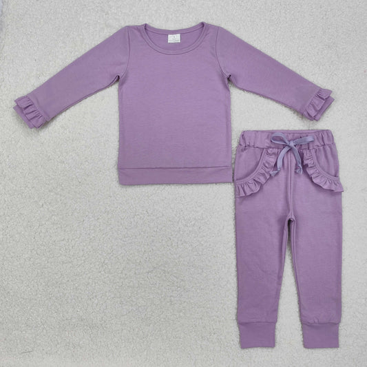 Baby Girl Long Sleeves Purple Shirt Ruffle Pocket Pants Jogger Clothes Set