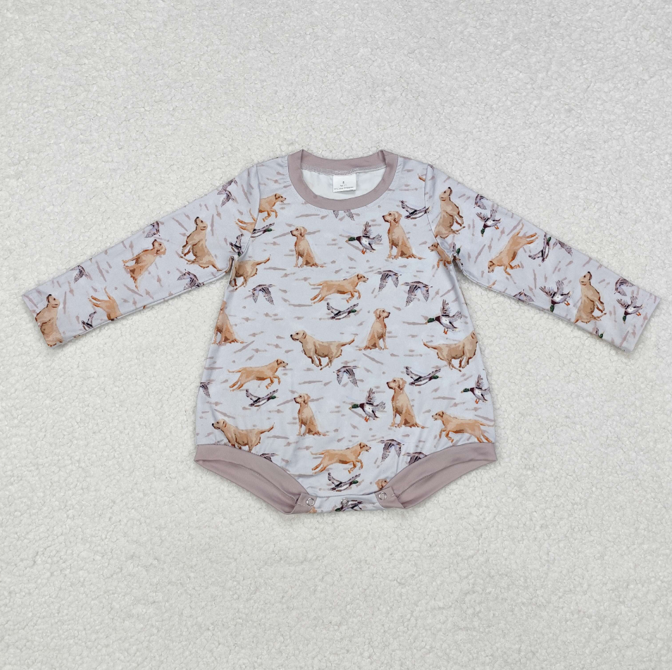 Baby Boy Infant  Long Sleeves Dogs Ducks Hunting Bubble Romper