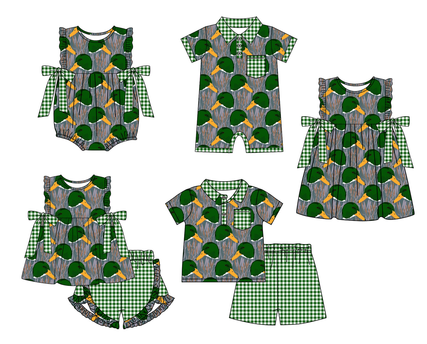 Baby Boy Girl Ducks Plaid Sibling Matching Green Dress Romper Clothes Set ( Moq 5 Each style )