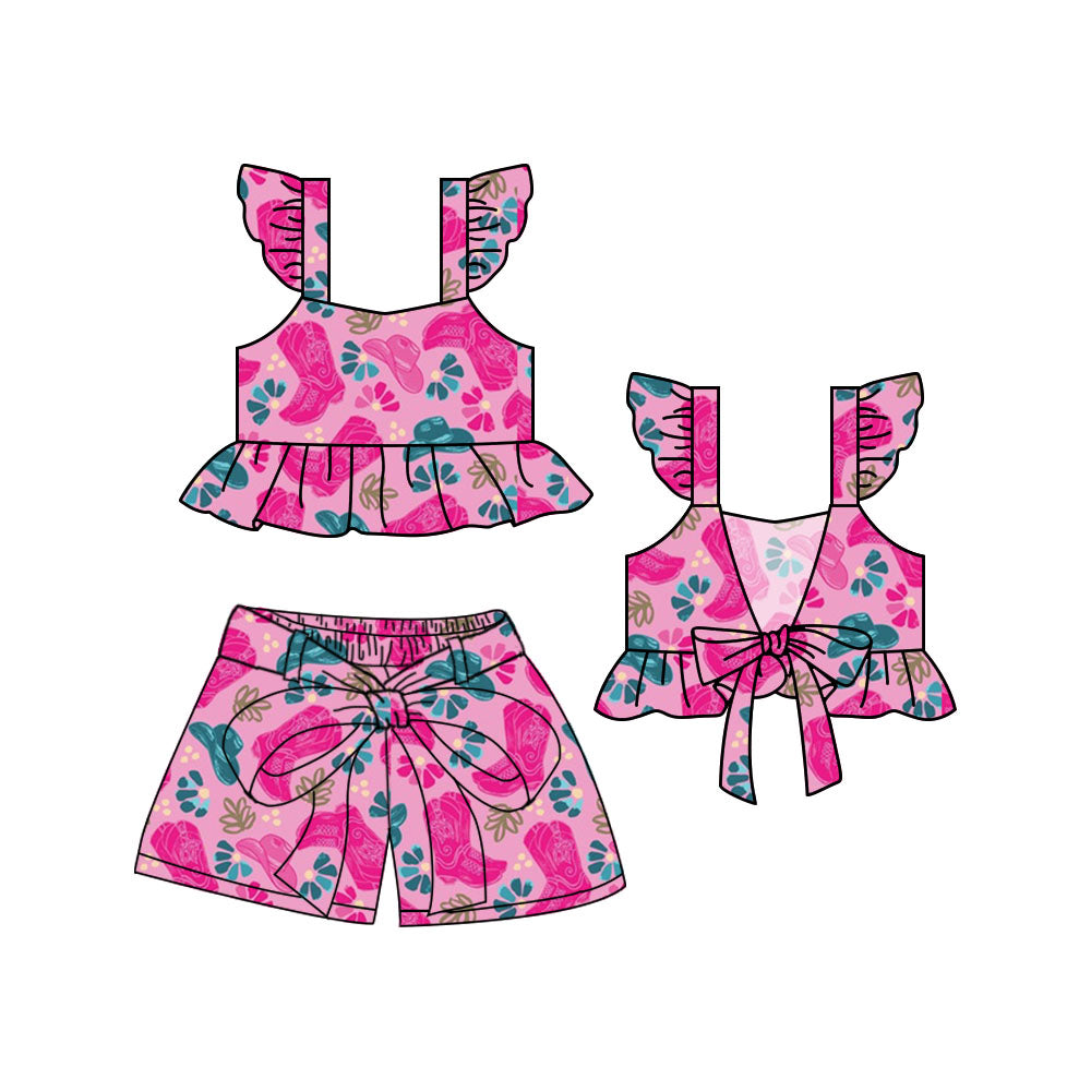 Baby Girl Western Boots Hats Pink Tops Shorts Set ( Moq 5 ) 1.17