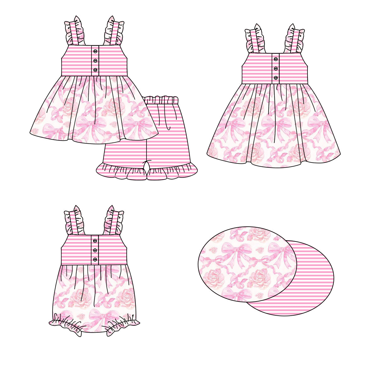 Baby Girl Bows Flower Pink Stripes Sibling Romper Dress Set ( Moq 5 Each Style ) 1.16
