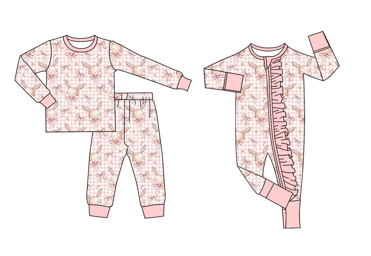 ( Moq 5 Each Style ) Baby Girls Kids Long Sleeves Rabbits Bows Plaid Sibling Easter Zipper Romper Set