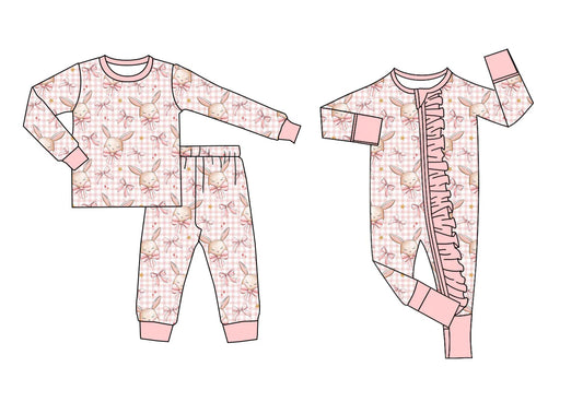 ( Moq 5 Each Style ) Baby Girls Kids Long Sleeves Rabbits Bows Plaid Sibling Easter Zipper Romper Set