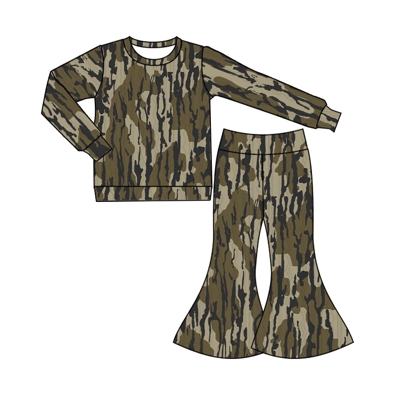 Baby Girl Long Sleeves Army Green Camo Shirt Bell Pants Set