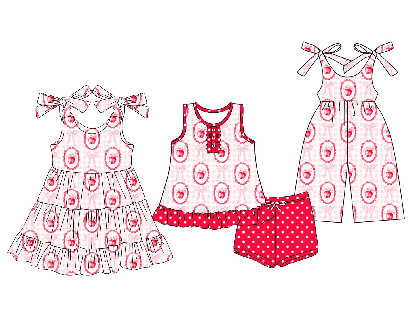 Baby Girl Sleeveless Apple Bows Sibling Jumpsuit Dress Set ( Moq 5 Each Style ) 3.28