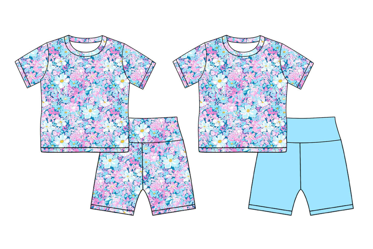 Baby Girl Short Sleeves Flower Blue Shorts Sibling Sports Summer Set ( Moq 5 Each Style ) 2.18