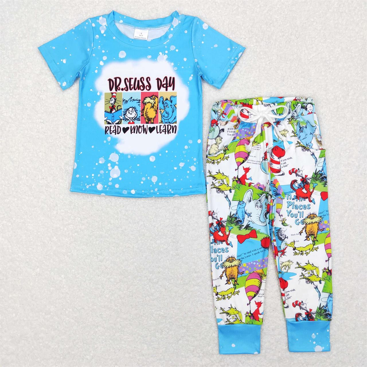 GSPO1099 Baby Girl Short Sleeves Dr Reading Shirt Bell Pants Blue Set