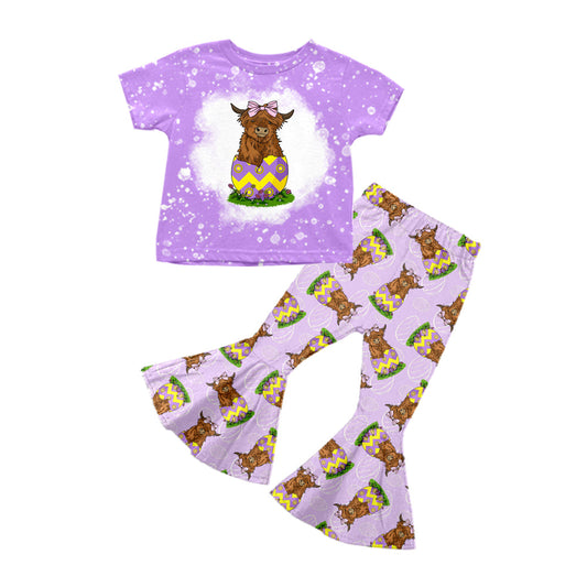 Baby Girl Purple Short Sleeves Cow Egg Shirt Bell Pants Easter Set Moq 5