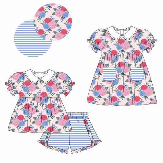 Baby Girl Short Sleeves July 4th Flower Stripes Sibling Dress Clothes Set ( Moq 5 Each Design )11.25
