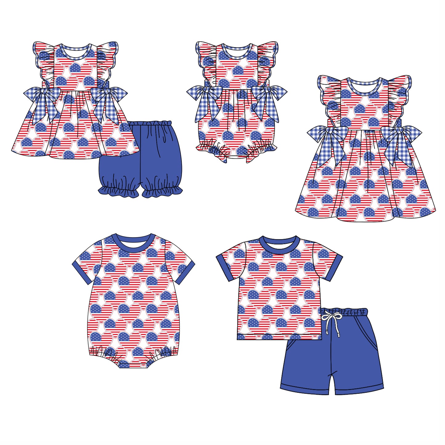 Baby Boy Girl July 4th Hearts Sibling Dress Romper Clothes Set ( Moq 5 Each style ) 11.27