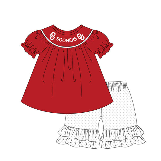 Baby Girl Short Sleeves Team Red Tunic White Ruffle Shorts Clothes Set (Moq 5 )