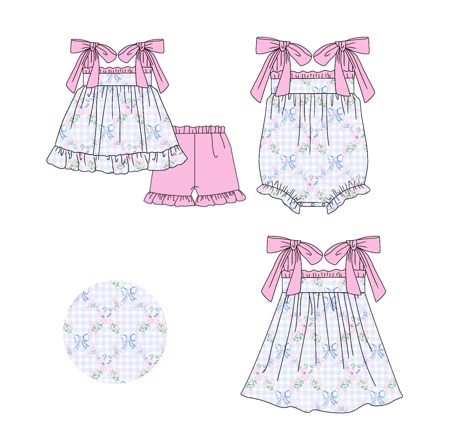 Baby Girl Flower Bows Plaid Sibling Matching Romper Dress Clothes Set ( Moq 5 Each Design )