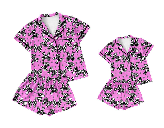 Baby Girl Adult Women Short Sleeves Bows Pink Sibling Pajamas Set ( Moq 5 Each Style ) 3.11