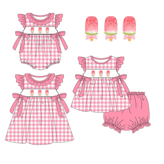 Baby Girl Watermelon Popsicles Checked Sibling Romper Dress Set ( Moq 5 Each Style ) 1.8