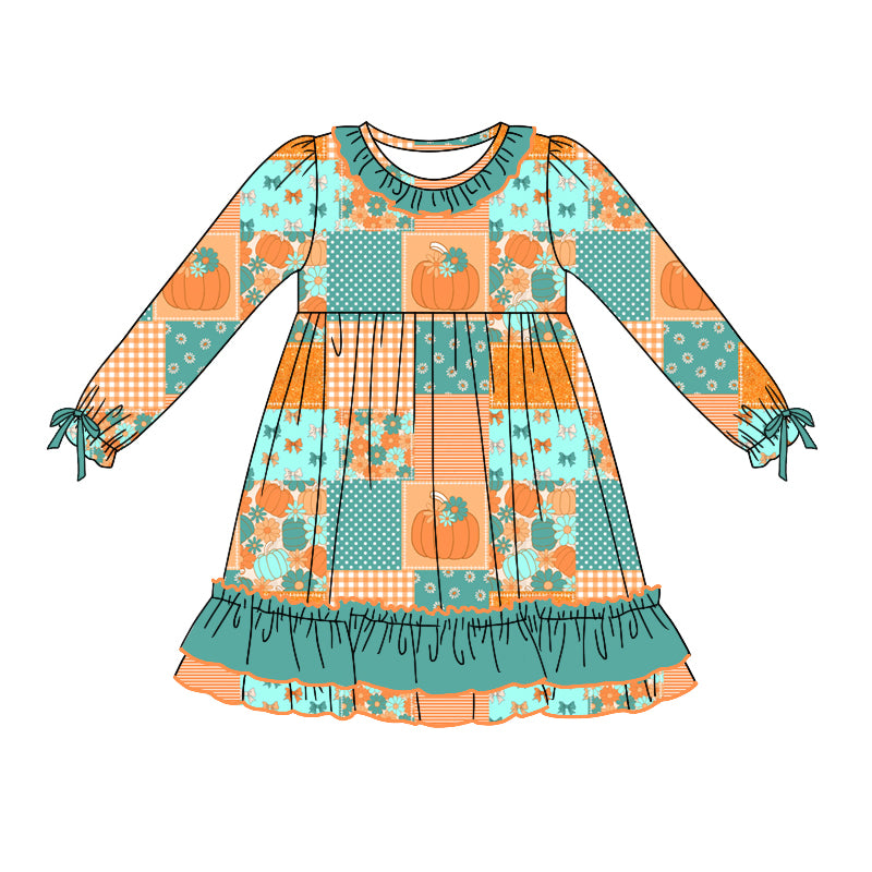 Baby Girl Long Sleeves Pumpkin Bows Green Ruffle Dress