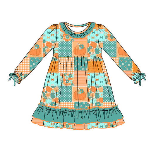 Baby Girl Long Sleeves Pumpkin Bows Green Ruffle Dress