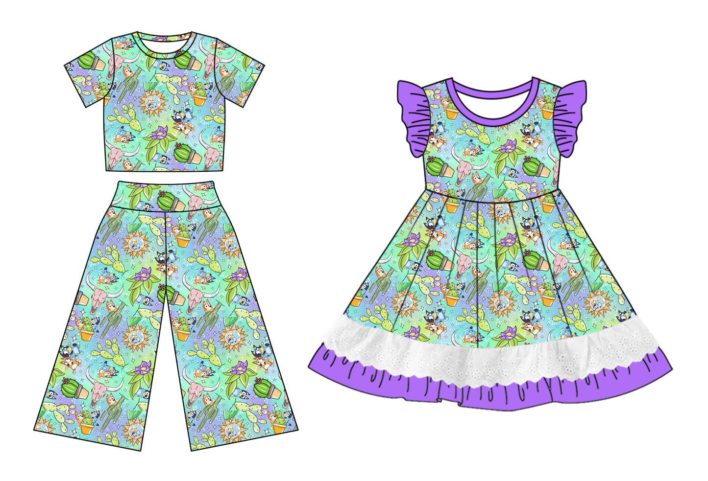 Baby Girl Short Sleeves Dogs Cactus Sibling Dress Clothes Set ( Moq 5 Each Design )12.3