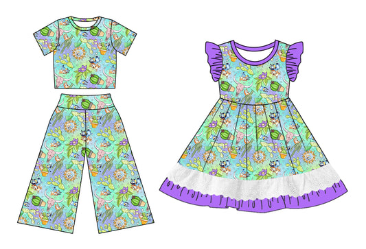 Baby Girl Short Sleeves Dogs Cactus Sibling Dress Clothes Set ( Moq 5 Each Design )12.3