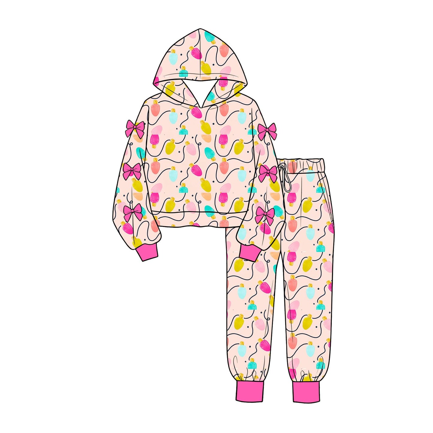 ( Moq 5 ) Preorder Baby Girls Kids Christmas Lights Hoodie Bows Pullover Pockets Pants Set Clothes