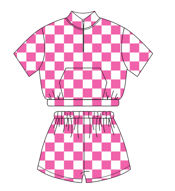 Baby Girl Sibling Pink Checkered Shirt Romper Set Moq 5