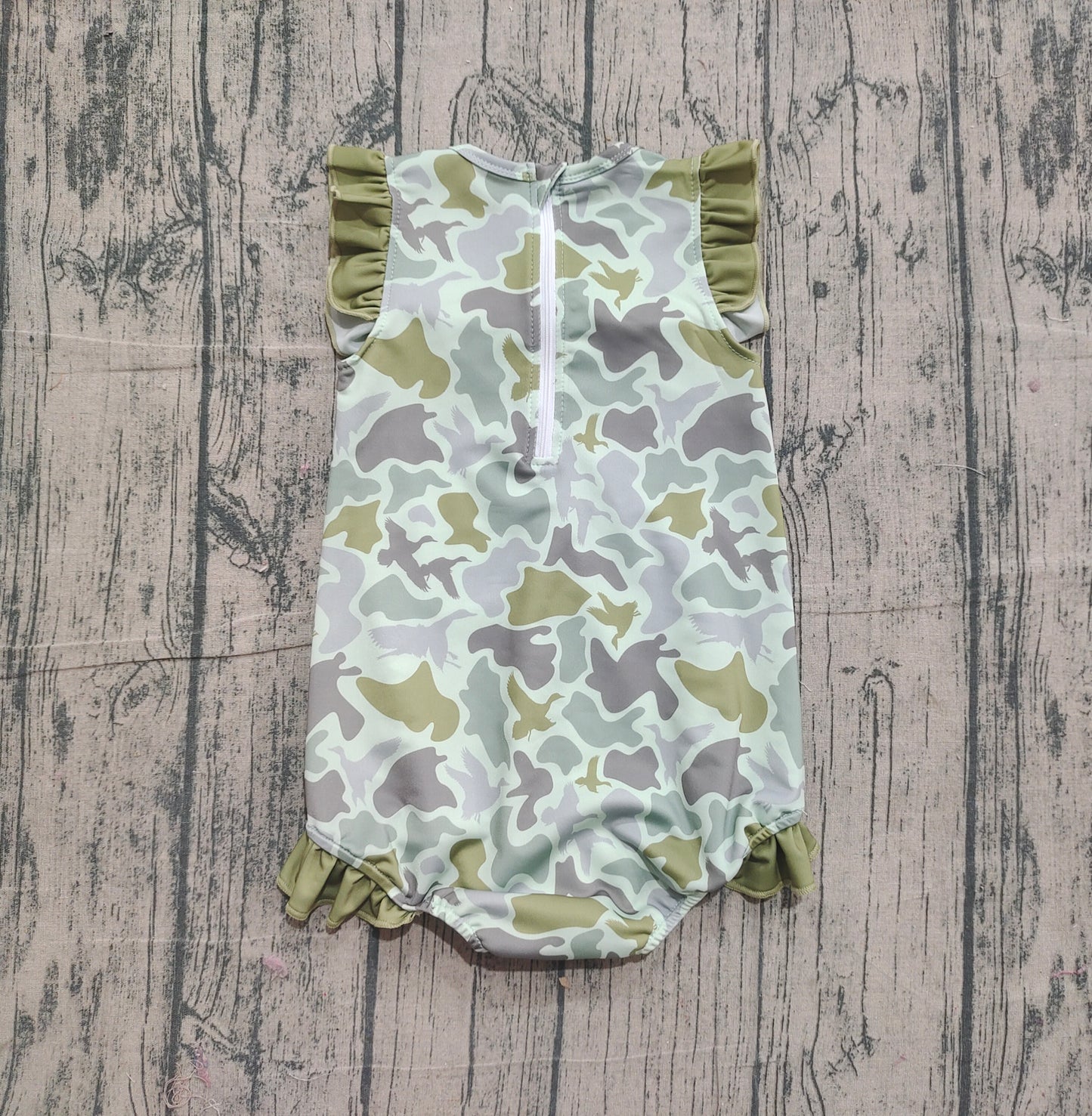 ( No moq ) Preorder Baby Girls Ducks Camo Green Ruffle One-piece Swimsuit