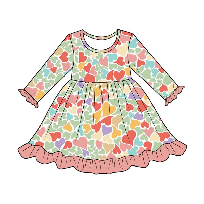 ( Moq 5 ) Preorder Baby Girls Kids Long Sleeves Hearts Valentine Knee Length Ruffle Dress Clothes