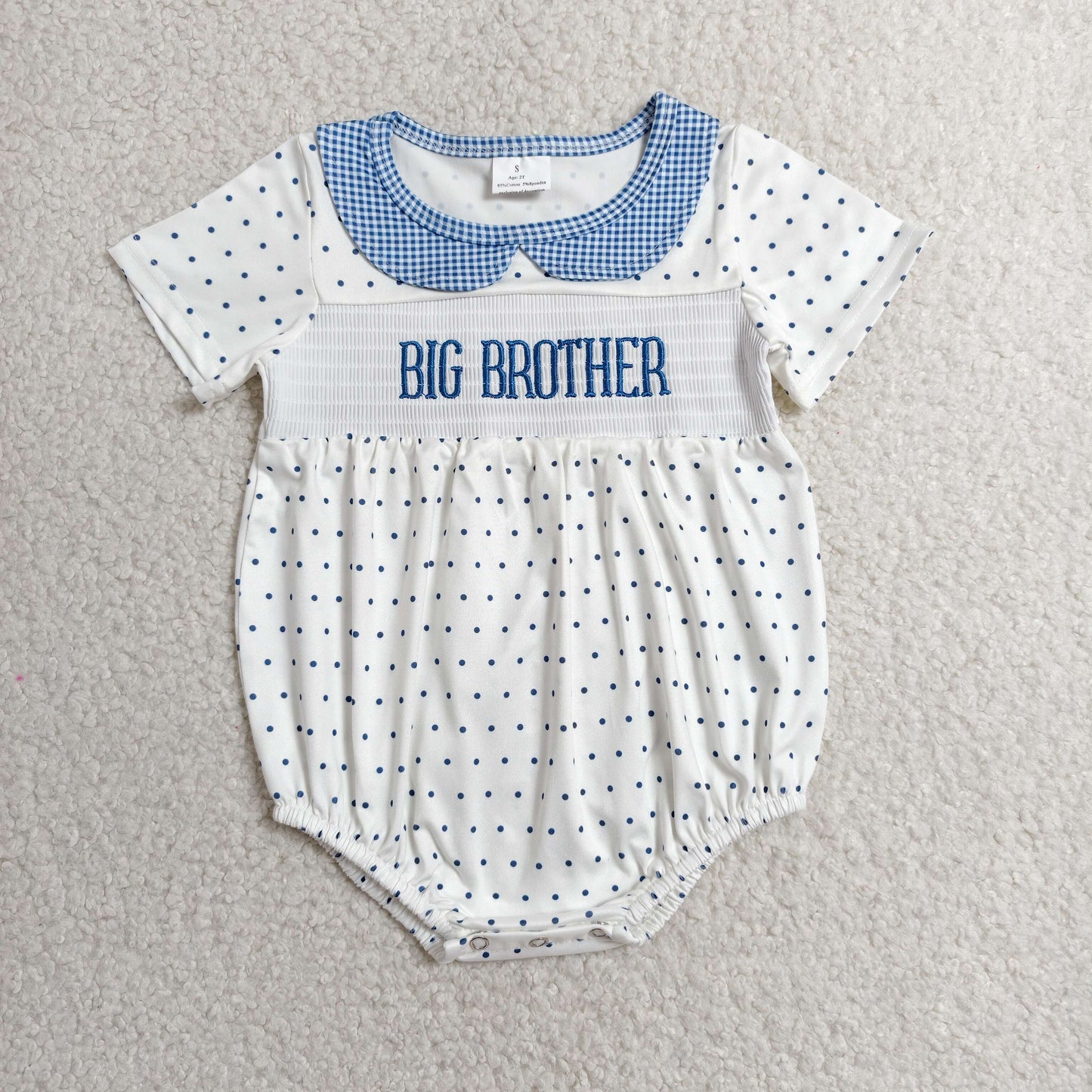 Baby Boys Infant Short Sleeves Embroidery Big Brother Smocked Bubble Romper RTS